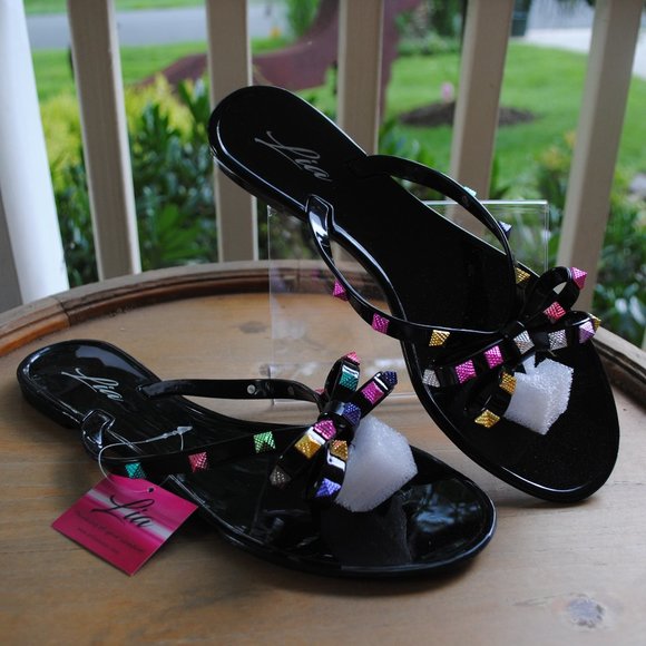 NWT Jelly Sandal BLACK with Colorful BOWS - Picture 1 of 5